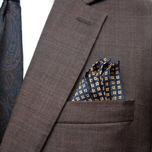 Men's Silk pocket square handkerchief 12" Gold‎ Navy Ornament